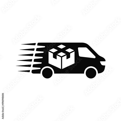 A black and white illustration of a delivery van with a package inside, moving quickly. isolated on white background, Vector, illustration