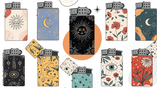 Collection of decorative refillable metal lighters featuring mystical celestial patterns of sun, moon, eyes, and botanical flower motifs.