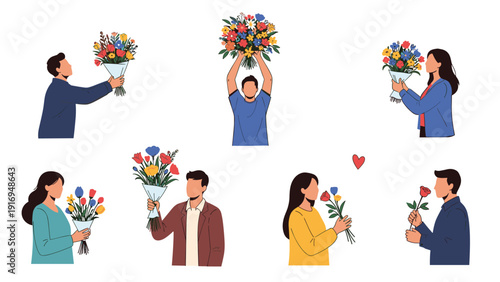 Diverse group of men and women holding various colorful flower bouquets in different poses against a plain white background.