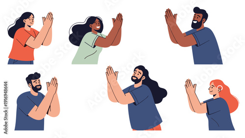 Group of diverse people showing gestures of prayer, gratitude, or greeting with their hands pressed together in a peaceful manner.