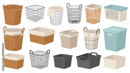 Assortment of storage baskets in different materials like wicker, metal wire, and plastic for organizing home and laundry items.