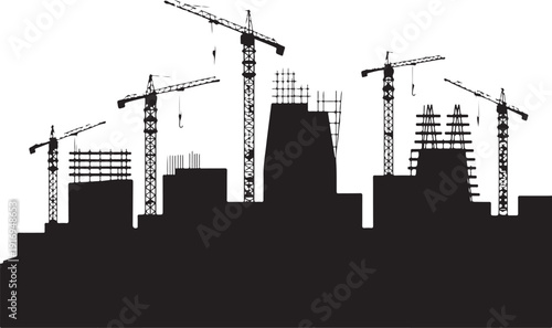 Black and white construction site with cranes and buildings