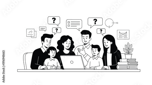 Family group consisting of parents and children sitting at a desk with a laptop surrounded by question mark speech bubbles.