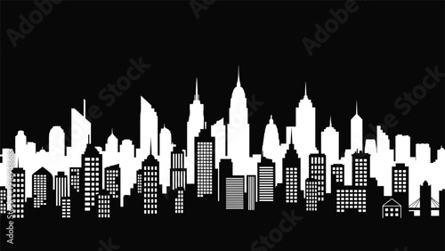 Stark black and white silhouette of a modern city skyline with various skyscrapers, towers, and urban architectural structures.