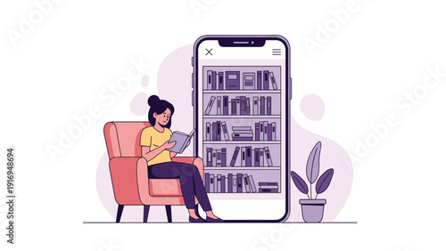 Woman sitting comfortably in a red armchair reading a book with a large smartphone displaying a digital library behind her.