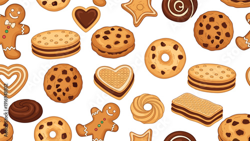 Large collection of various cookies including gingerbread men, chocolate chip, sandwich cookies, waffles, and heart shapes.