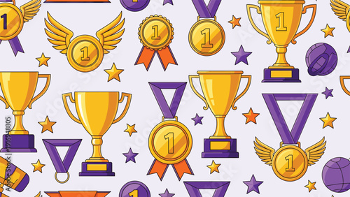 Success and achievement themed seamless pattern featuring gold trophies, first place medals, and stars on a light background.