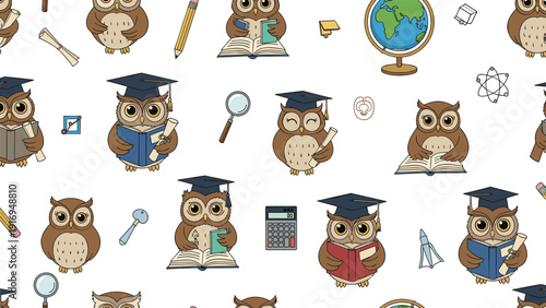 Educational seamless pattern featuring cute owls in graduation caps holding books and diplomas along with school supplies.
