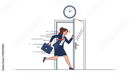 Stressed businesswoman with a briefcase running fast through an open office door under a clock showing she is late.