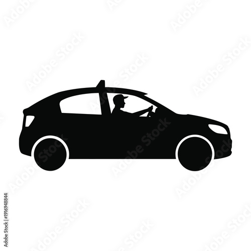 A black silhouette of a person driving a car with a visible roof rack. isolated on white background, Vector, illustration