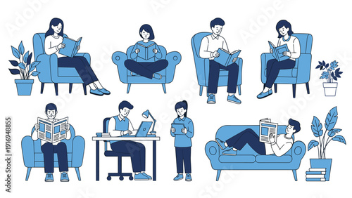 Set of blue and white illustrations showing diverse people reading books and newspapers in armchairs, on a sofa, or at a desk.