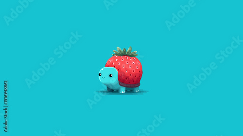 A charming, blue turtle-like creature carries a large, ripe strawberry on its back