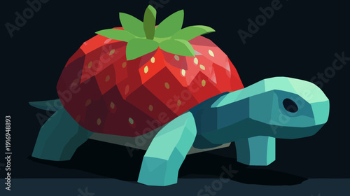 A whimsical, low-poly illustration of a turtle with a strawberry shell, with a dark background