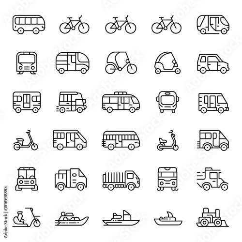 A diverse collection of transportation vehicles and modes depicted in simple line art. isolated on white background, Vector, illustration