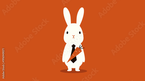 A white rabbit in a suit and tie, holding a carrot, on an orange background