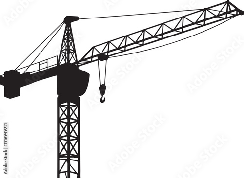 Black and white crane with extended arm and hook construction