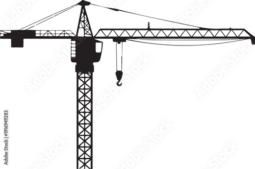 Black and white crane with hook and cables construction