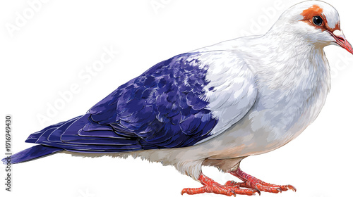 Detailed illustration of a pigeon with white body, indigo wing feathers, red beak/feet