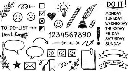 Various hand-drawn components for bullet journaling, such as dates, emotional indicators, ribbons, and communication bubbles, emphasize a creative approach to productivity.