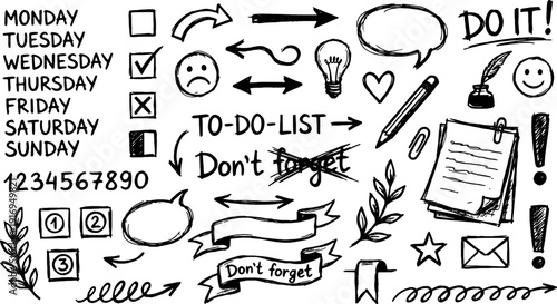 Assortment of sketched organizational markers featuring weekdays, numbered boxes, arrows, and expressive faces for effective task management and personal planning documentation.