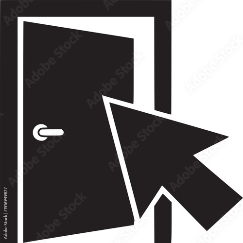 A black and white graphic of an open door with a mouse pointer superimposed on the right side of it