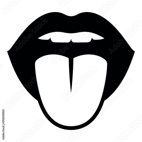 Black and white vector illustration of a mouth with a tongue sticking out.