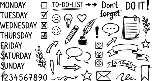 Hand-drawn collection of black and white planner elements including days of the week, icons, and organizational symbols provides versatile graphic resources for journaling and scheduling.