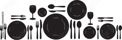 Black and white dining table setting with plates and cutlery 1