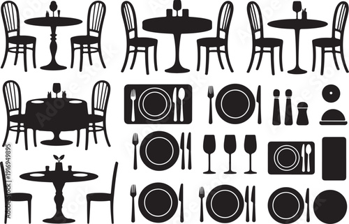 Black and white dining set and tableware chairs