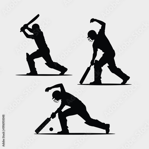 Illustration of three cricketers in various positions on a field. isolated on white background, Vector, illustration