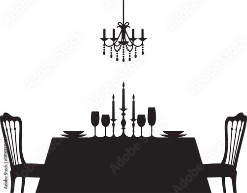 Black and white dining table with chairs and chandelier