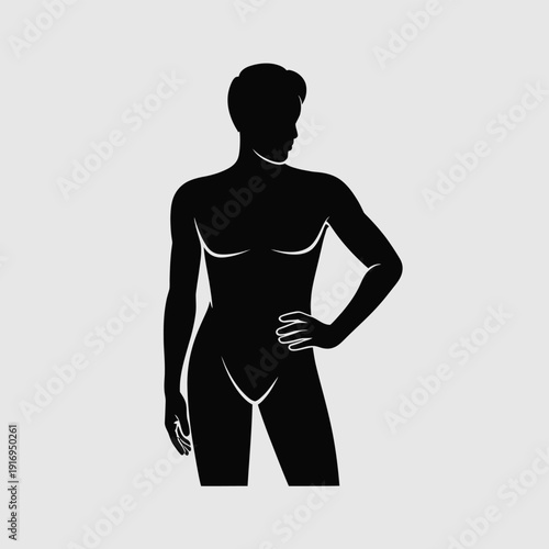 Silhouette of a person in a swimsuit standing confidently with hands on hips isolated on white background, Vector, illustration