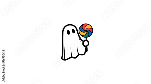 A cartoon ghost, white with black outline, holding a colorful lollipop. Whimsical design on white