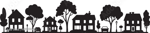 Black and white houses and trees silhouette neighborhood