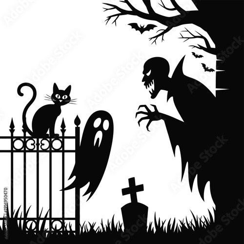 Spooky halloween scene featuring a black cat, ghost, and a zombie in a graveyard isolated on white background, Vector, illustration