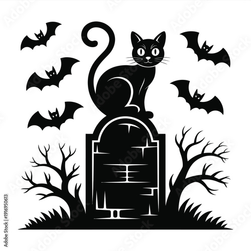Black cat sitting atop a tombstone surrounded by bats and trees in a spooky scene isolated on white background, Vector, illustration