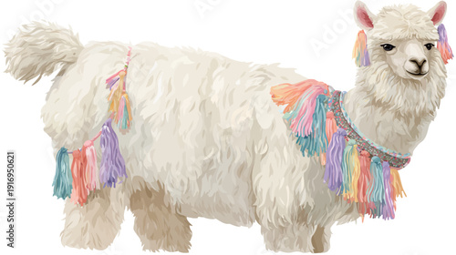 A fluffy, stylized alpaca stands, adorned with vibrant, colorful tassels around its neck and along the back