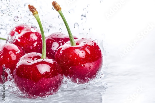 Cherries splashing in water with natural freshness