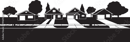 Black and white houses with trees and driveway suburban