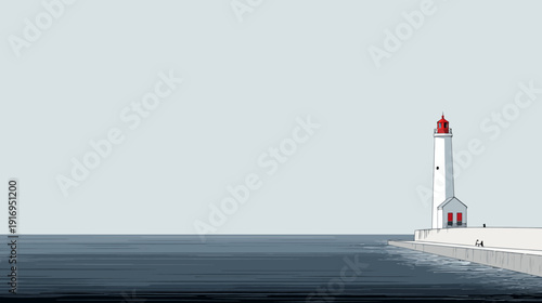 Pixelated illustration of a lighthouse with red top and doors standing at the edge of the water