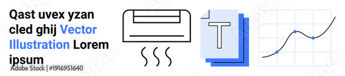 Technology tools, climate control, data visualization, text editing, business concepts, modern workspace. Air conditioner, document icon rising graph. Technology tools and climate control concepts