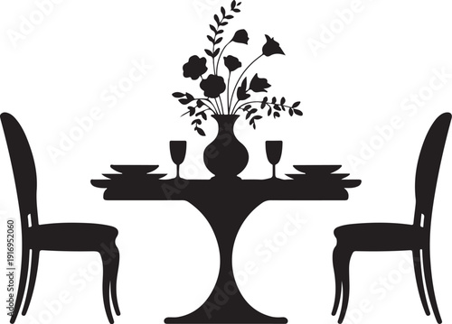 Black and white of a dining table with chairs and a vase of flowers