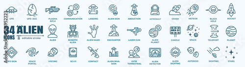 Alien UFO Icon Set — Extraterrestrial Spaceship, Flying Saucer, Astronaut, Rocket, Planet, Invasion, Sci-Fi Space Vector Collection