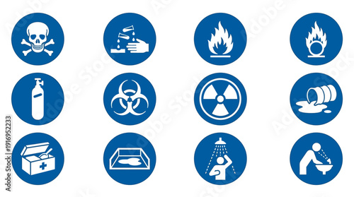 Hazmat Handling Icon Set 12 Blue Circle Chemical Safety Pictograms ISO