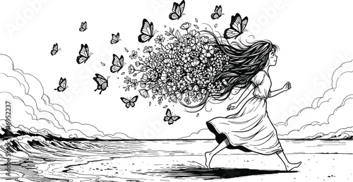 Silhouette of a woman releasing butterflies from her hair on a beach