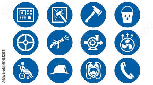 Fire Protection System Icon Set 12 Blue Circle Emergency Equipment ISO Vector
