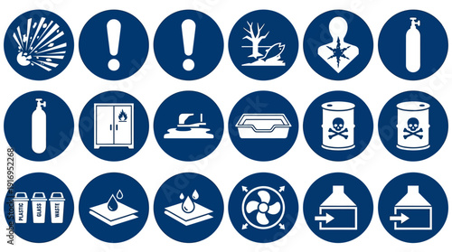 Dangerous Goods Handling Icon Set 12 Blue Circle Hazmat Pictograms ISO