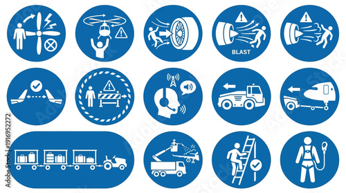 Airport Ramp Operations Icon Set 12 Blue Circle Aviation Safety Pictograms
