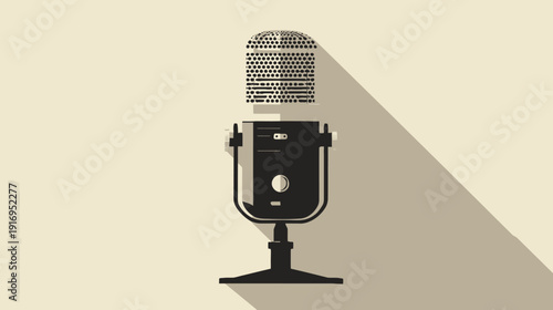A vintage-style microphone illustration casting a shadow on a beige background