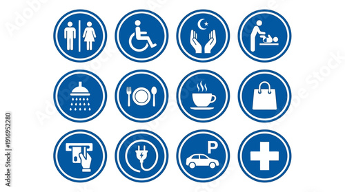 Rest Area Facility Icon Set 12 Blue Circle ISO Wayfinding Pictograms